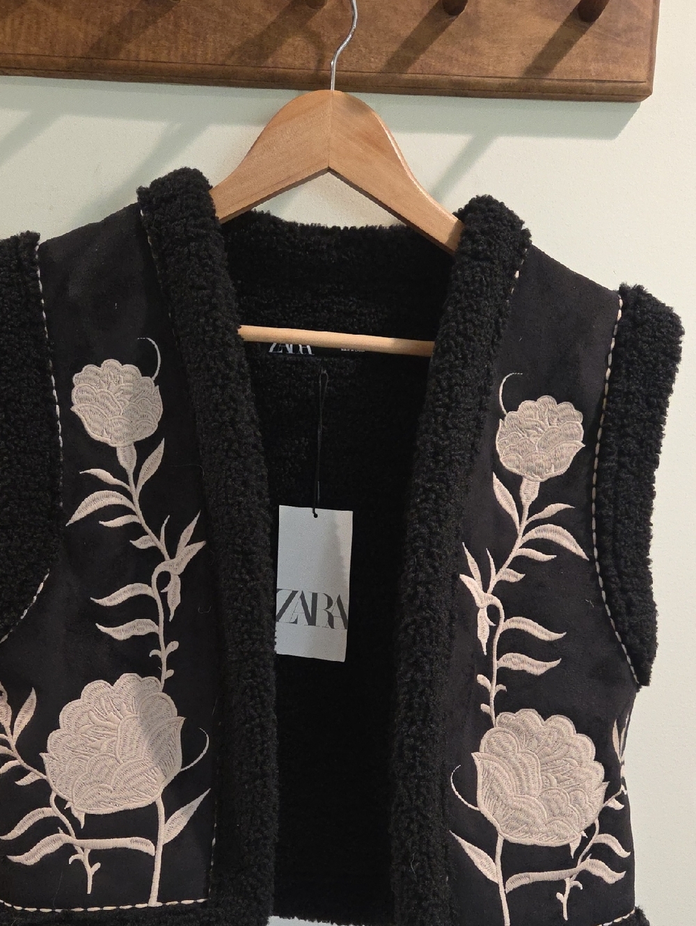 Zara Black Vest with Cream Floral Embroidery